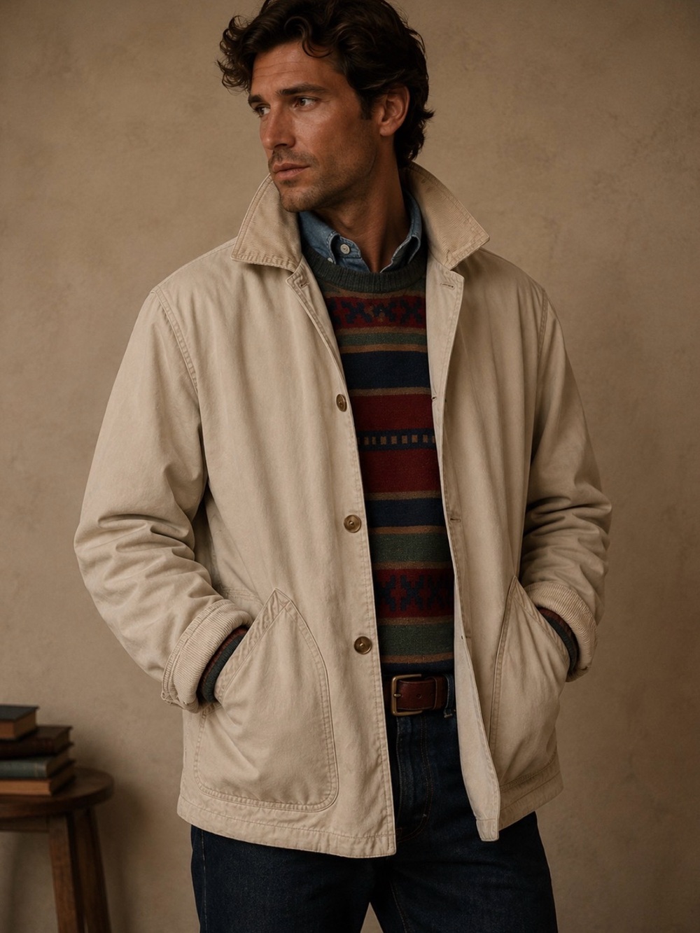 VTG Brandon Thomas Light Cream Work Jacket with Corduroy Collar